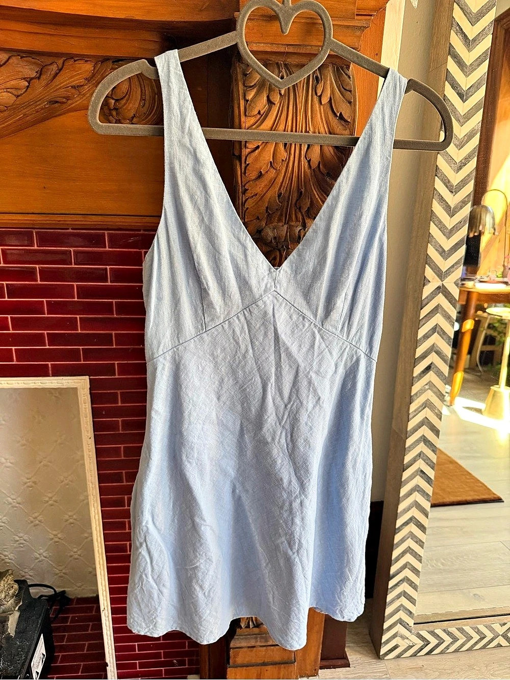 Abercrombie & Fitch V-Neck Linen-Blend Mini Dress Blue Mini Dress